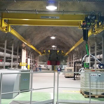 Underslung travelling crane in tunnel system Crane system is used for transport of goods in tunnel system