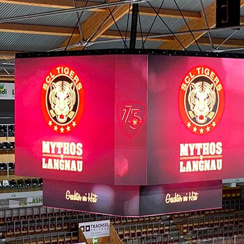 Video Cube Ice Hockey Stadium SCL Tigers SCL Tigers video cube with 114 m2 LED surface, held by three GIS motors