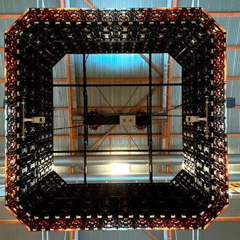 Holding the videocube by D8+ motors D8+ electric chain hoists hold the video cube securely above the ice surface