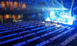 Electric chain motors and motorized trolleys Samsung Hall Setup for a large event with loudspeakers and spotlights held by electric chain hoists