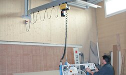 Slewing crane in use in wood processing for moving panels